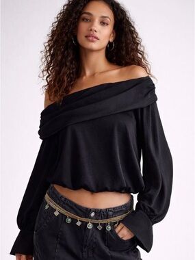 Free People Black Off-Shoulder Satin Top Jenna Womens small